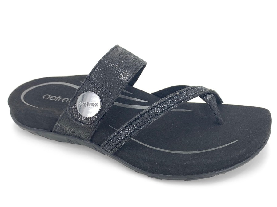 Slides AETREX | Aetrex Izzy Sparkle Thong Sandal Black