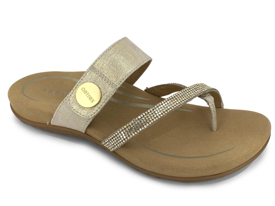 Slides AETREX | Aetrex Izzy Sparkle Thong Sandal Gold